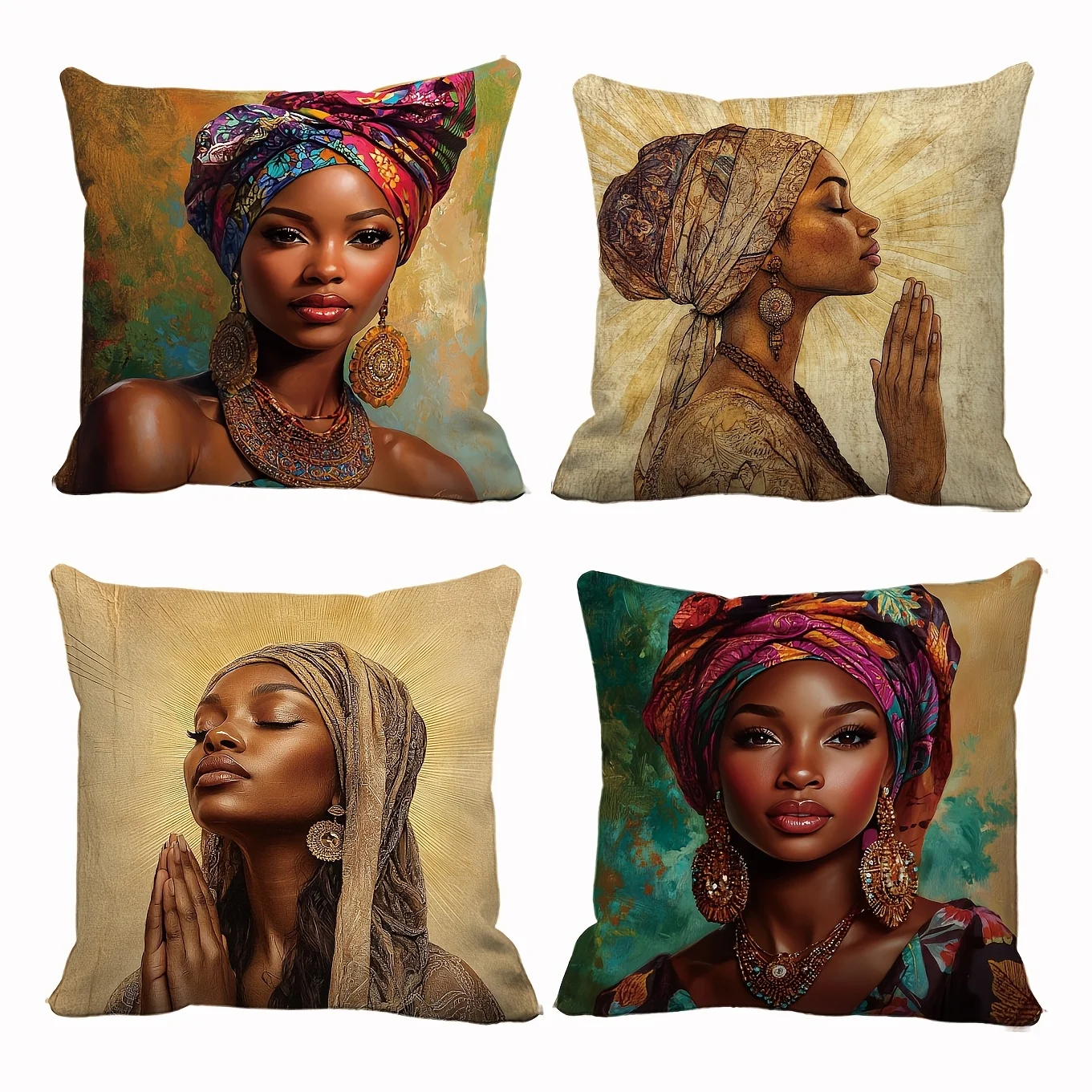 Juego  4 Fundas para Cojines con Diseño  Mujer Afroamericana Morna Acuadas para Decoración Diaria, Fiestas Festivas, Sal