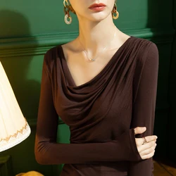 S-3XL Autumn Full Sleeve Modal T-shirts Girls Heaps Collar Solid Soft Slim Stretchy Tshirts Tops For Woman