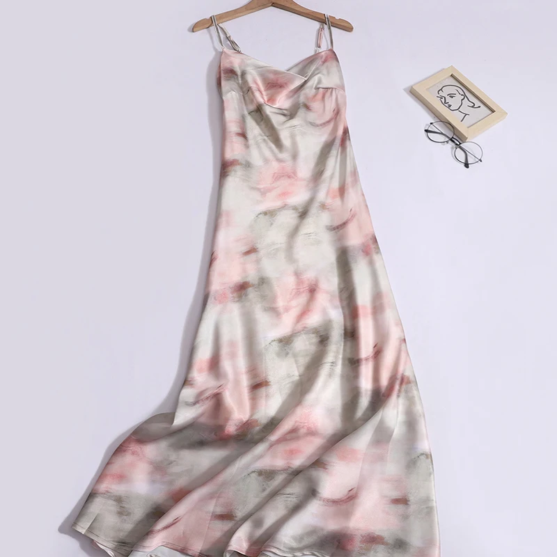 

Printed Camisole Dress Women 2024 Summer Silk Elegant Dress Sleeveless Thin Straps Silky Satin Shiny Fabric Flower Long Dress