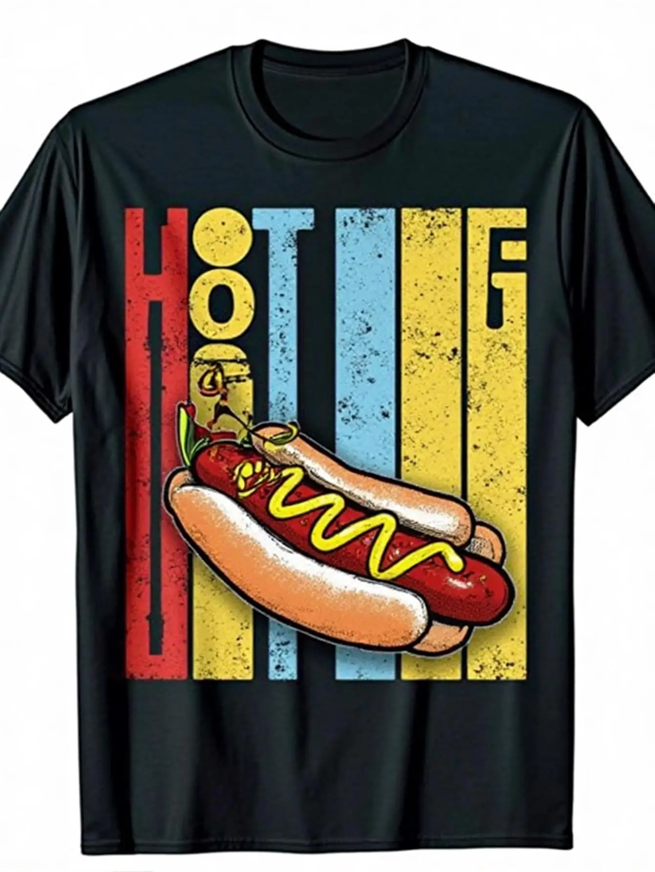 Camiseta hecha de algodón 100% puro, camisa casual negra de manga corta con letras de hotdog llamativas y estampado de mostaza, ajuste holgado combinado con diseño de hot dog vintage y elementos divertidos de pepino encurtidos y condimentos de cebolla