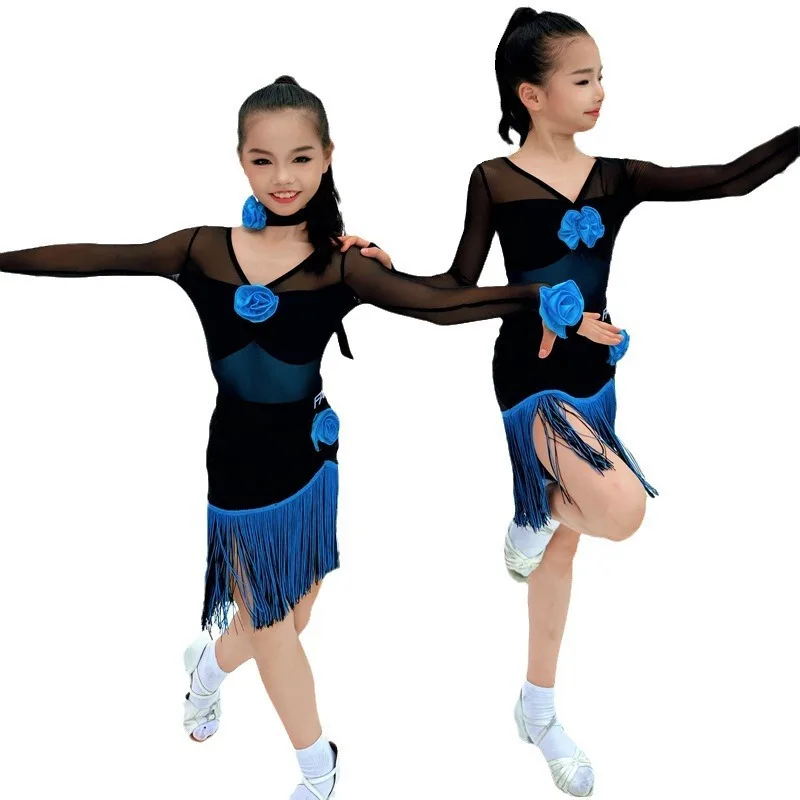 فستان ممارسة بدلة الرقص اللاتينية المخصص للفتيات فستان أداء المنافسة المهنية شبكة سوداء مجموعة شرابة الأزهار الزرقاء