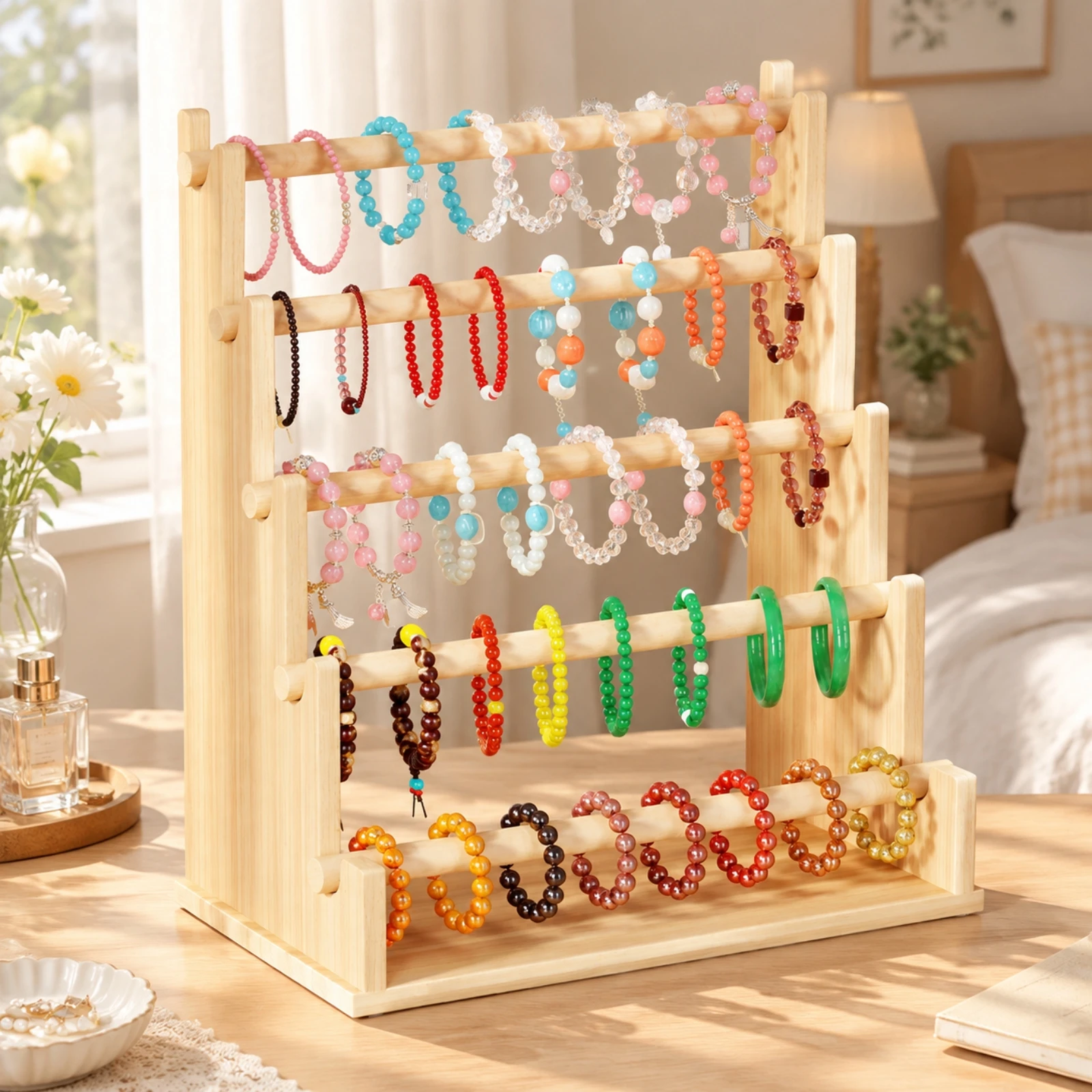 Organizer Open Design Wood Jewelry Organizer with Base Tray Necklace and Bracelet Holder with Removable Rods Stable