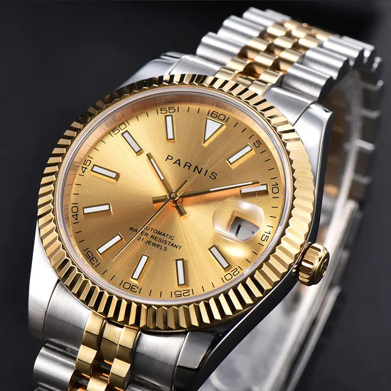 Parnis Automatic Mechanical Watch, Date Window, Fluted Bezel, Miyota 8215 Movement, Five‑Link Steel Bracelet, Men's Calendar Wat