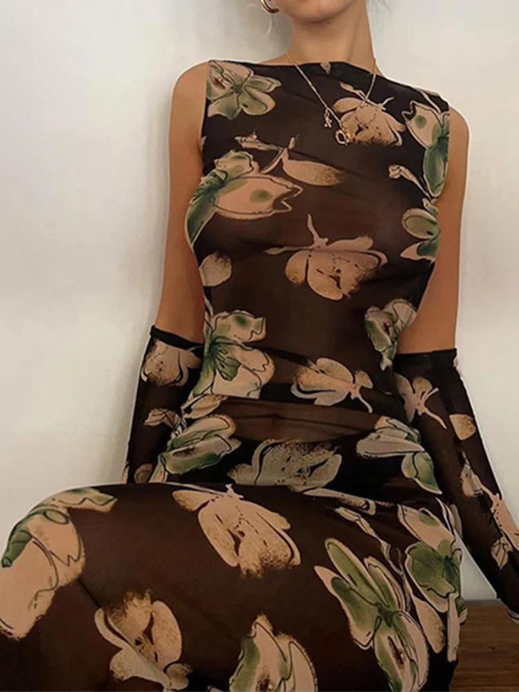 OMSJ Vintage Mesh Maxi Dress Female Streetwear Floral Printing Open Back Off-shoulder Bodycon See Through Sexy Dress With Gloves