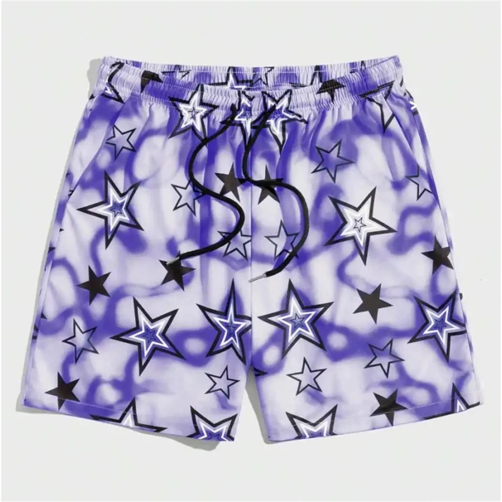 Male Shorts Summer Shorts Male Elastic Waist Pockets Five Pointed Star Printed Men's Pants Beach Swimsuits Hawaiian Board Shorts