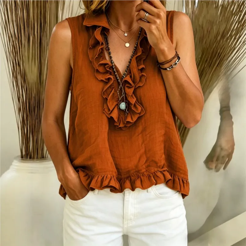 2026 New Summer Women's Top Solid Color Ruffle Collar V-Neck Retro Bohemian Style Fashionable Comfortable Loose Unique Niche Top