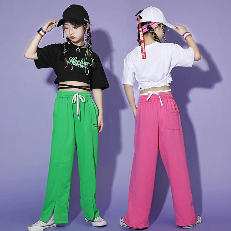 Streetwear Sweat Pants for Girls Jazz Dance Costume Clothes Kids Ballroom Kpop Hip Hop Clothing Cross Tie Crop Tops T Shirt Tee