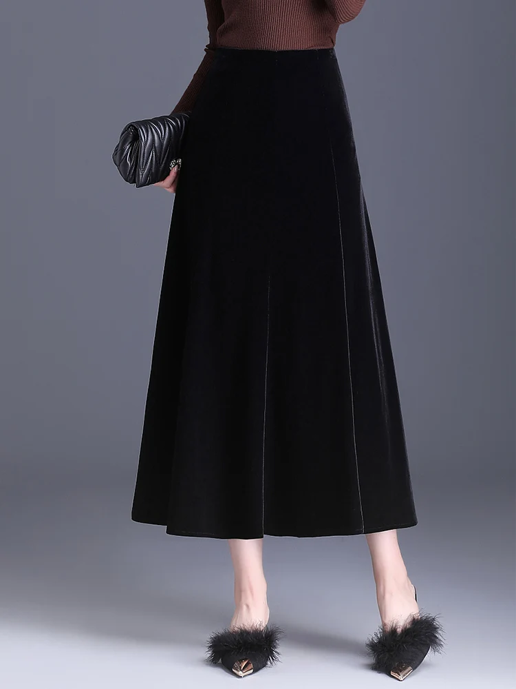 

SUCH AS SU Autumn Winter High Quality Womens Velour Pleated Skirts Ladies Black High Waist S-3XL Ankle-length Skirt Female 8809