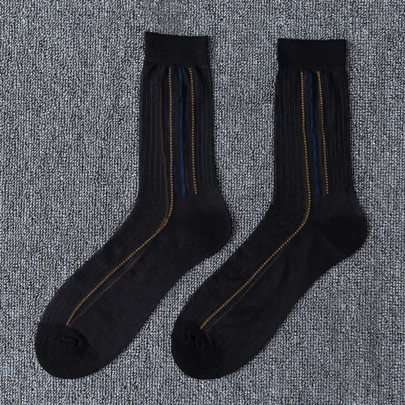 5 pares de calcetines de seda finos de tubo medio para hombre, calcetines elegantes para vestido de negocios, calcetines transpirables de nailon, calcetines de Jacquard a rayas para hombre