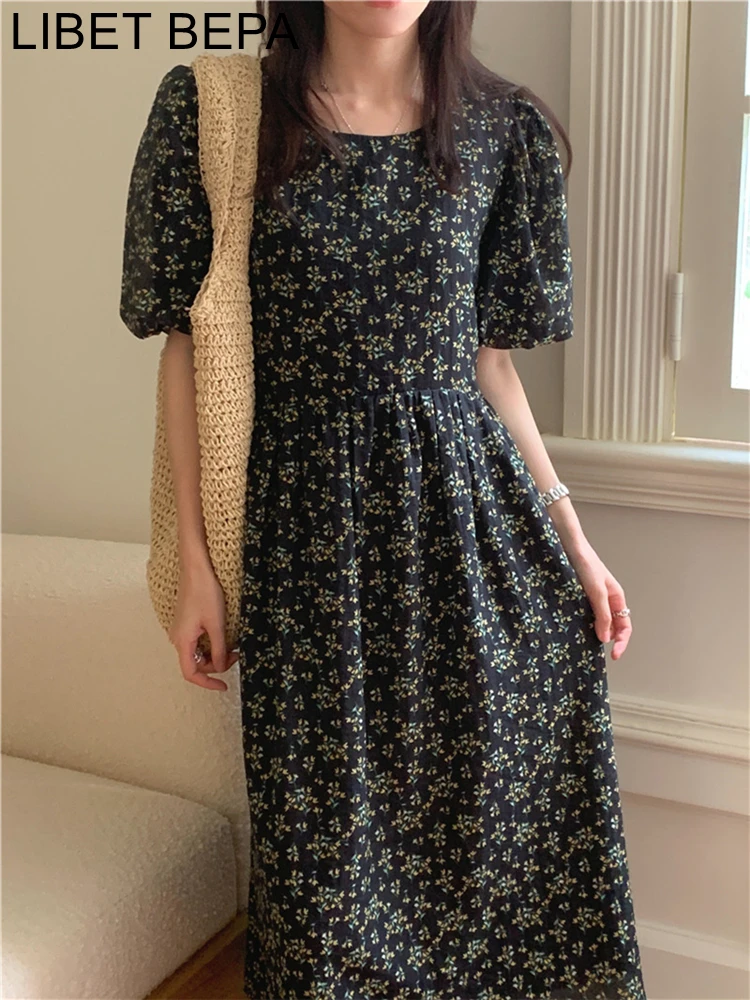 

DR9738 New 2024 Puff Sleeve Korean Fashion Vintage High Waist Elegant Lady Printed Women's Spring Summer Oversized Long Dresses