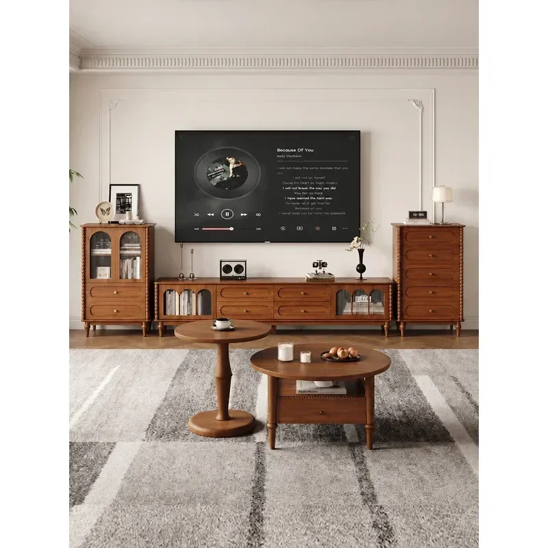 Solid Wood Coffee Table TV Cabinet Sideboard Combo Mid Century Antique Style High Leg Storage Unit for Small Apartment Living