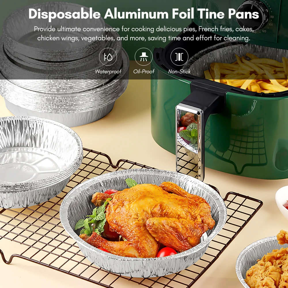 50PCS 9 Inch 7 inch 8 inch Disposable Aluminum Foil Plates Round Tin Foil Pie Pan for Air Fryers Baking Cooking Storage Roasting