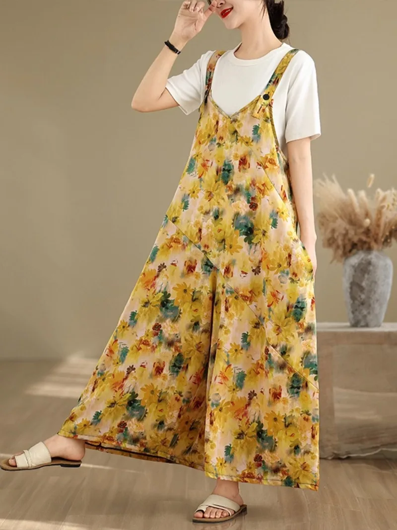 Vintage Print Loose Casual Women's Jumpsuits Summer Fashion Drap Floral Wide Leg Pants Female Hip Hop Comfortable Streetwear