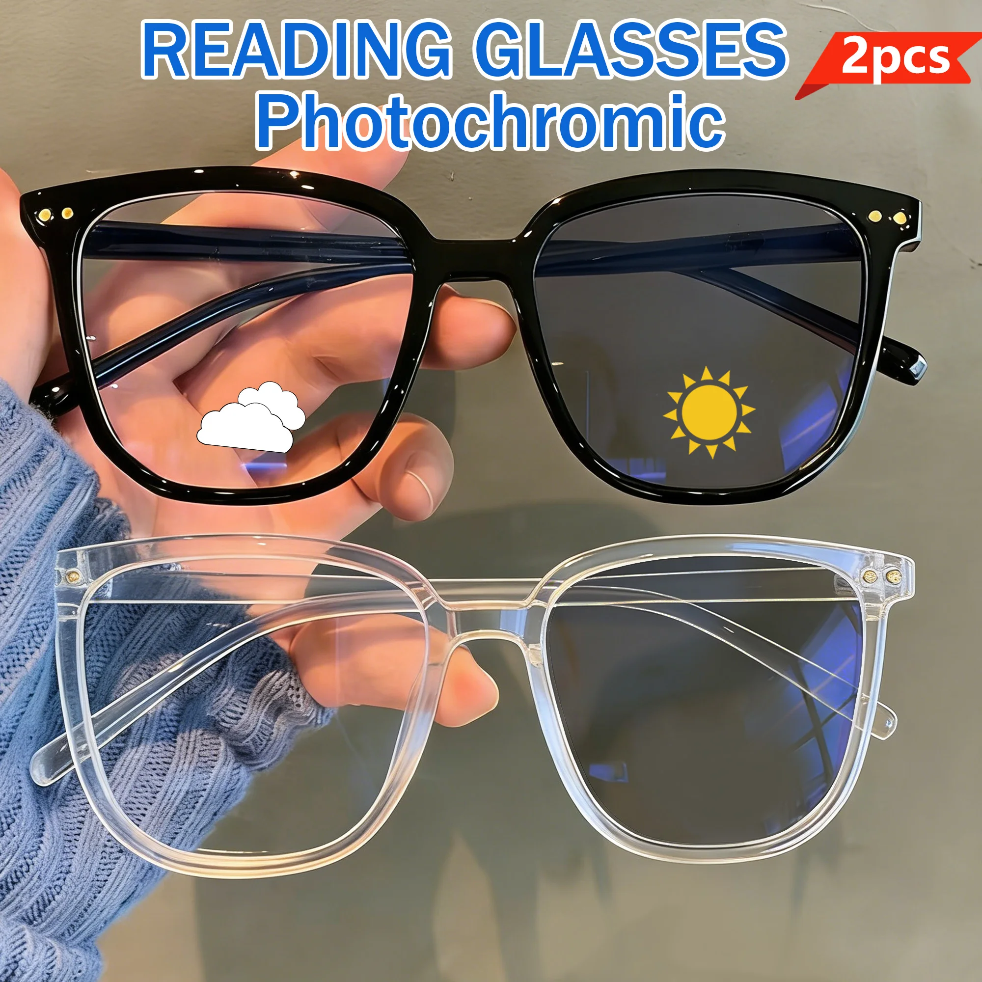 Photochromic Reading Glasses Square Eyeglasses Readers Eyewear Casual Style for All Face Types Magnification From +1.0 To +3.5