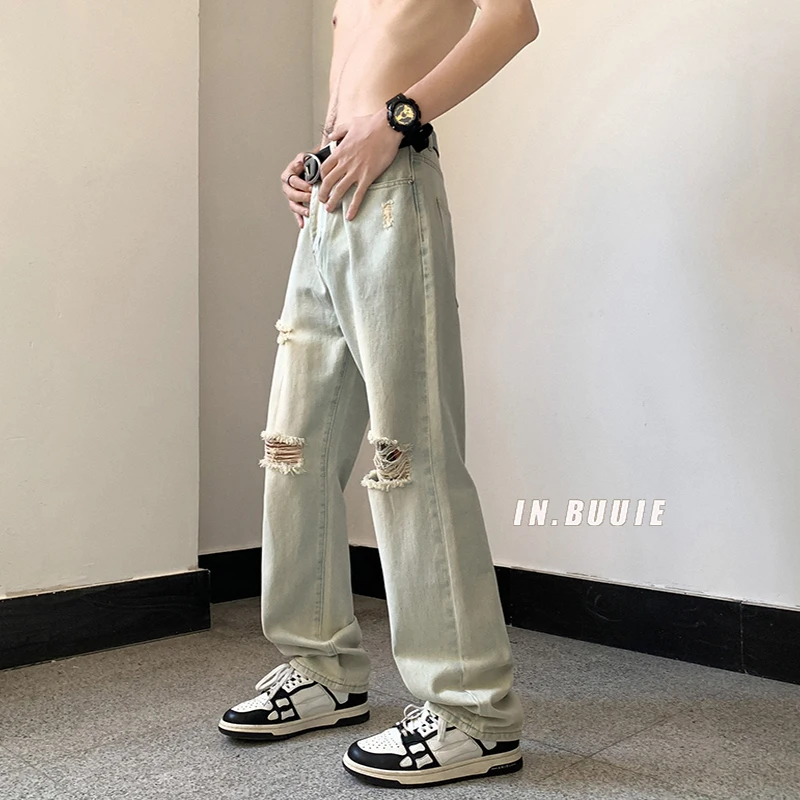 

Yellow Mud Color Men's Summer High Street Retro Flared Jeans Trendy Brand Cool Vibe Hole Punching Straight Leg Denim Pants