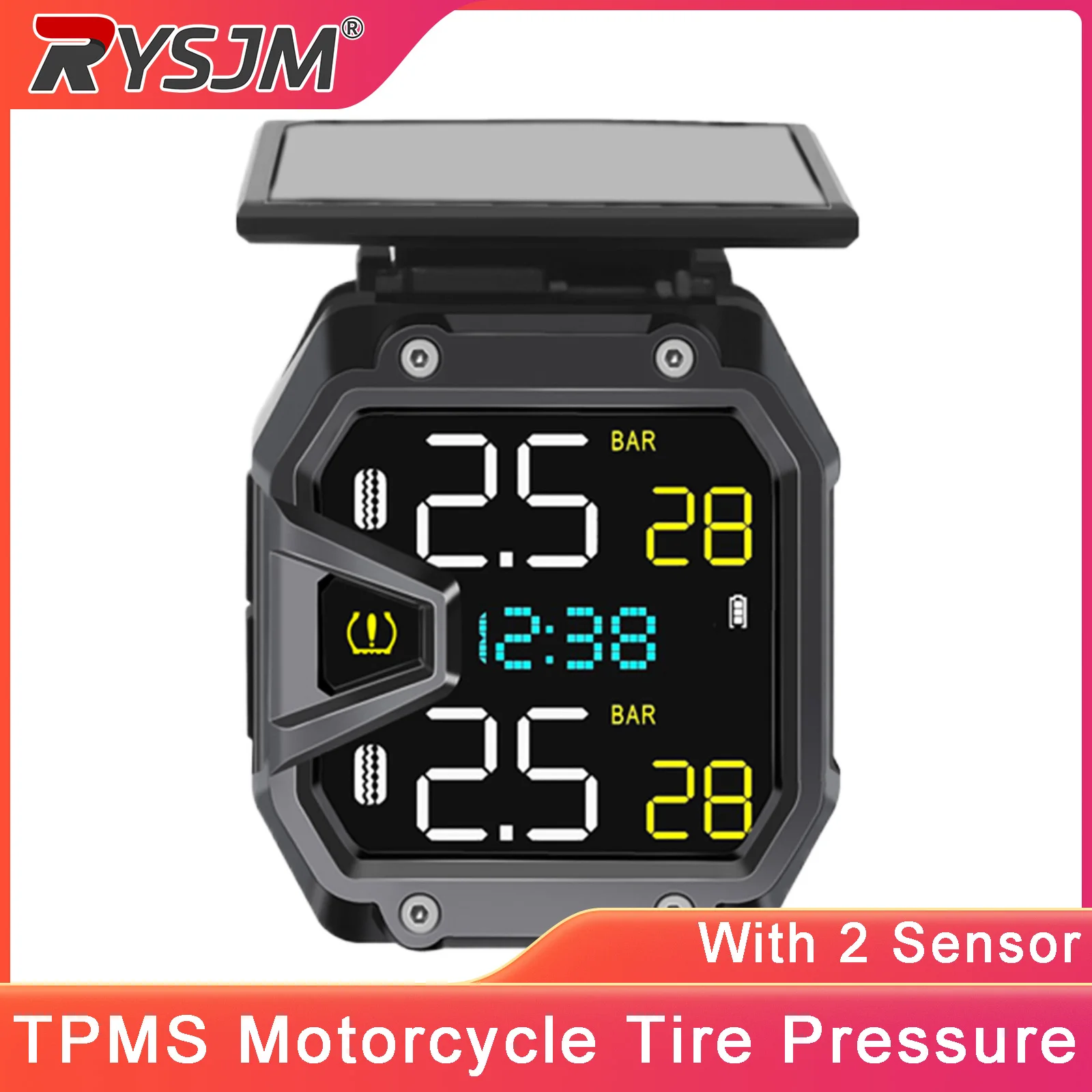 TPMS Motorcycle Solar Power Tire Pressure Monitoring With 2 Sensor LCD Color Display Motorcycle Tire Pressure Monitor