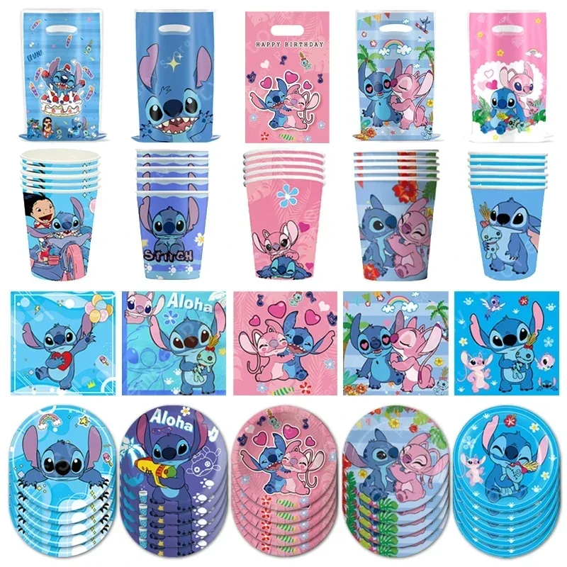 Disney-Kit de fournitures de décoration de fête d'anniversaire CAN o and Stitch, nappe de poulet britannique, sac de bonbons, assiette, tasse en papier, fille et garçon