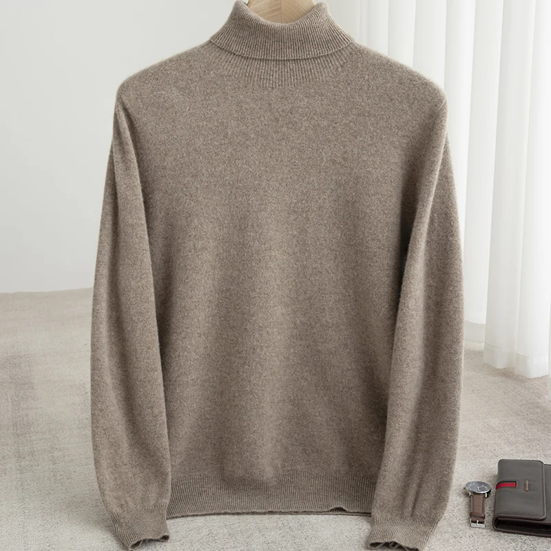 Suéter de lana merina para hombre, Jersey de punto de cuello alto de Cachemira, ropa cálida de Color sólido, Tops de fondo de negocios, otoño e invierno, 100%