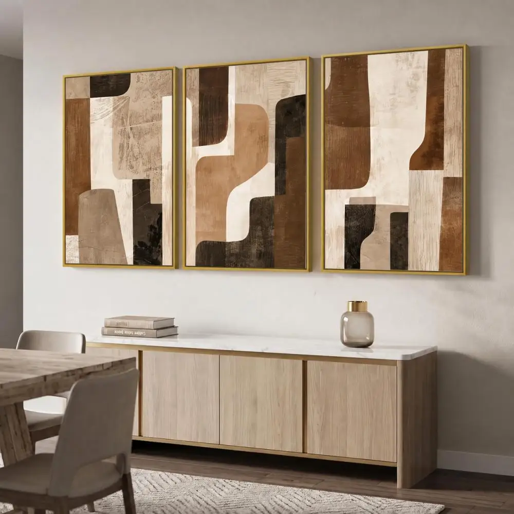 Earth Tone Geometric Painting Calligraphy 3 PCS Canvas Wall Art Prints for Living Room Decor Modern Vintage Fashion Wall Decals
