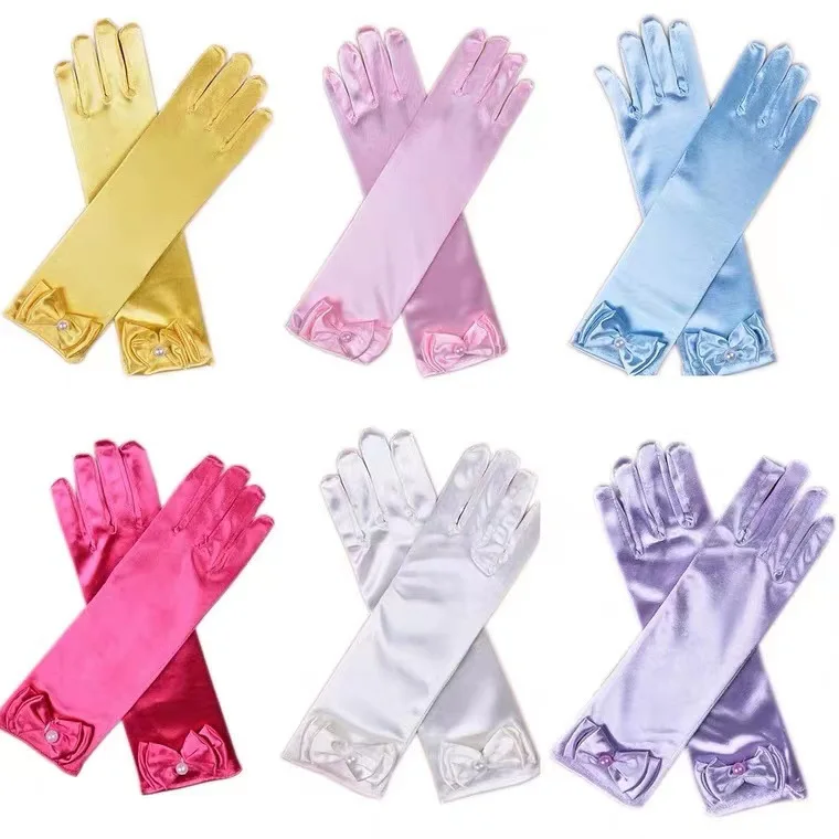 Girls Princess Accessories Kids Satin Bow Elsa Cinderella Gloves for Costume Children Birthday Halloween Party Cosplay Gift