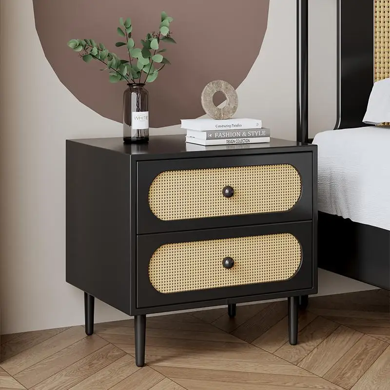 

All solid wood retro rattan bedside table 2025 new high-end bedroom bedside table leather storage locker