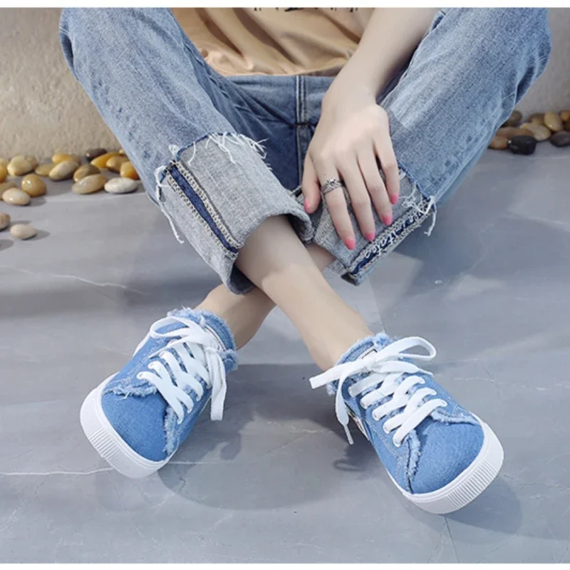 New 2023 Spring Summer Women Canvas Shoes flat sneakers women casual shoes low upper lace up white shoes Large size 43