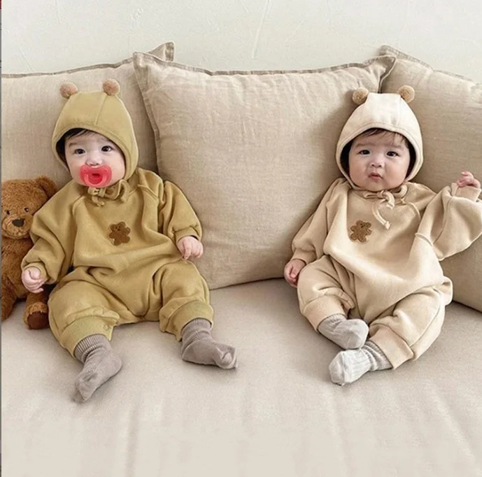 2024 Autumn Winter Baby Romper Hat Toddler Outfit Set Cute Bear Korean Kids Jumpsuits for Girls Boys Clothes Fashion Infant Suit