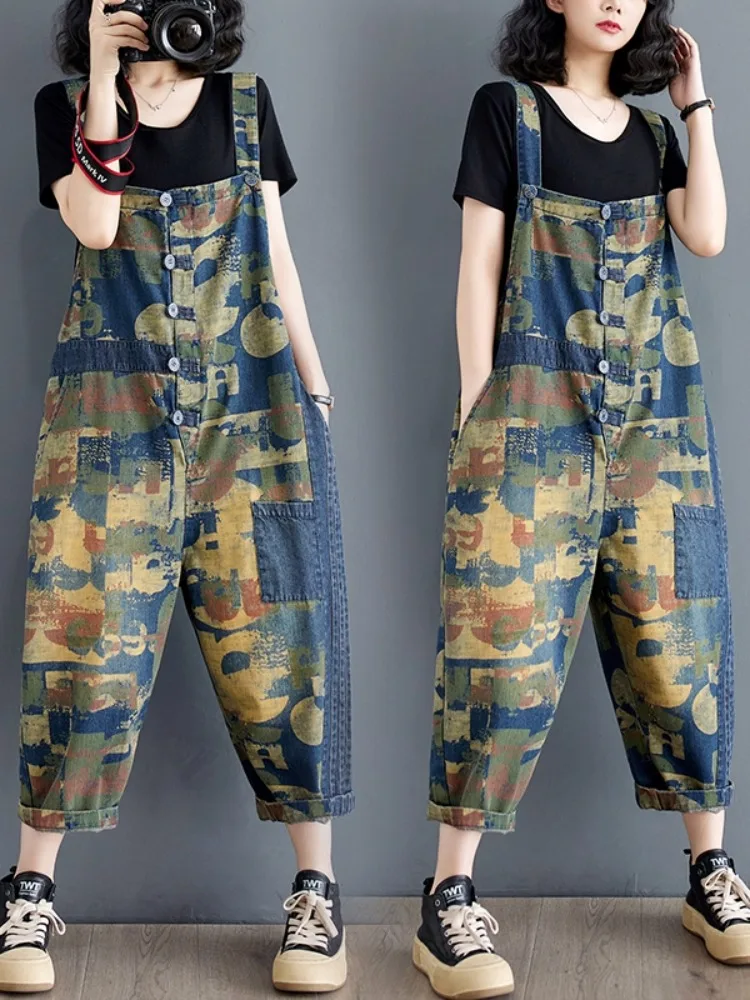 Retro cor blo camuflagem denim macacão feminino verão plus size solto emagrecimento macacão nove pontos harem calças