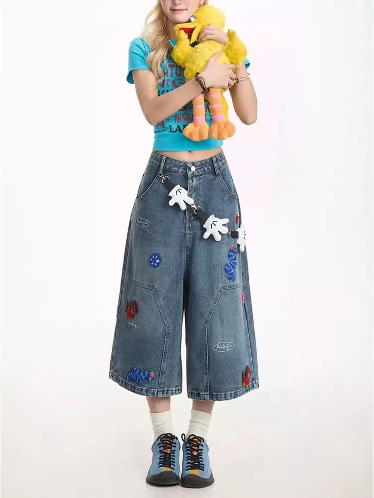Aesthetic Vintage Embroidery Loose Jeans Women Summer New Design High-waist Straight Leg Pants Casual Retro Blue Cowboy Pants