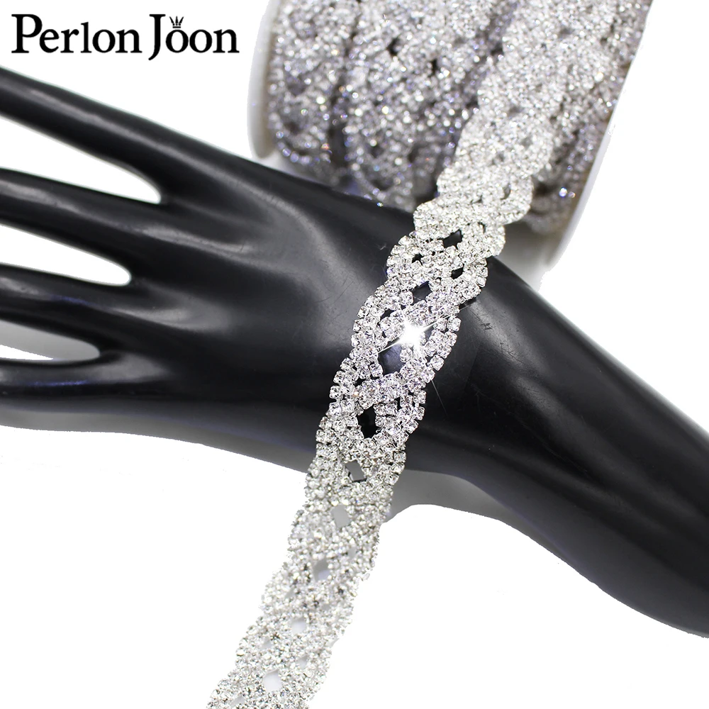 1 Yard Fashion Cross Around Tape Rhinestones Trim Crystal Metal Chain Welding Webbing for dress bag shoes Accessories ML022