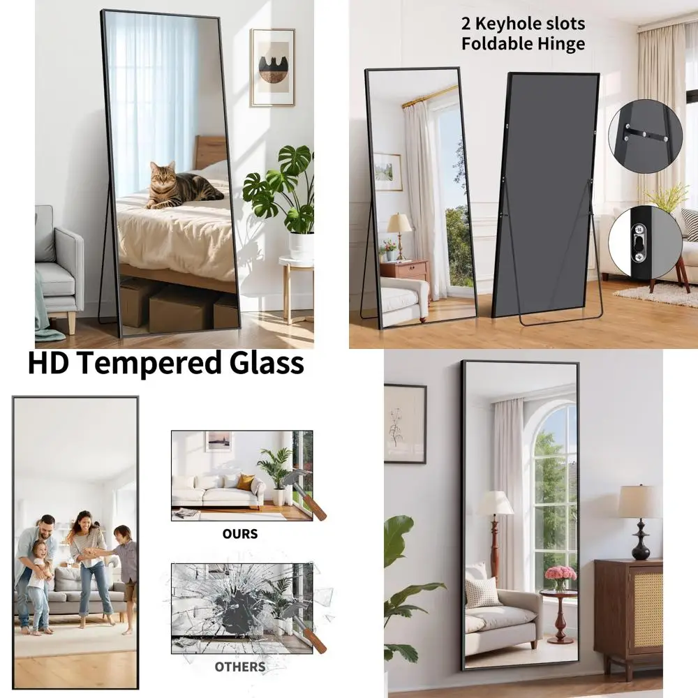 Full-Length Floor Mirror with Aluminum Frame - Large Standing Mirror for Home Decor and Wall Mounting