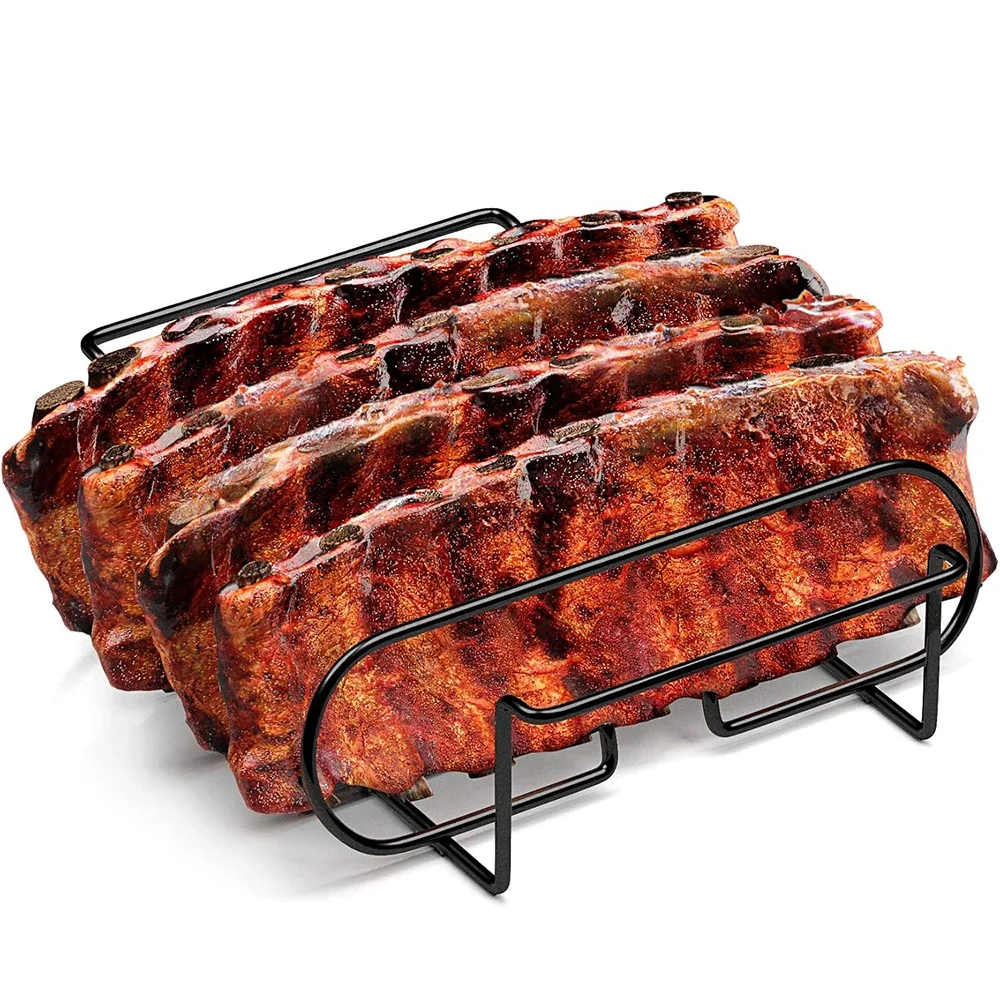 

BBQ Rib Racks Non-Stick Coated Steel Roasting Barbecue Meat Roasting Grilling Stand Holds 4 Rib Rack For Gas Grill