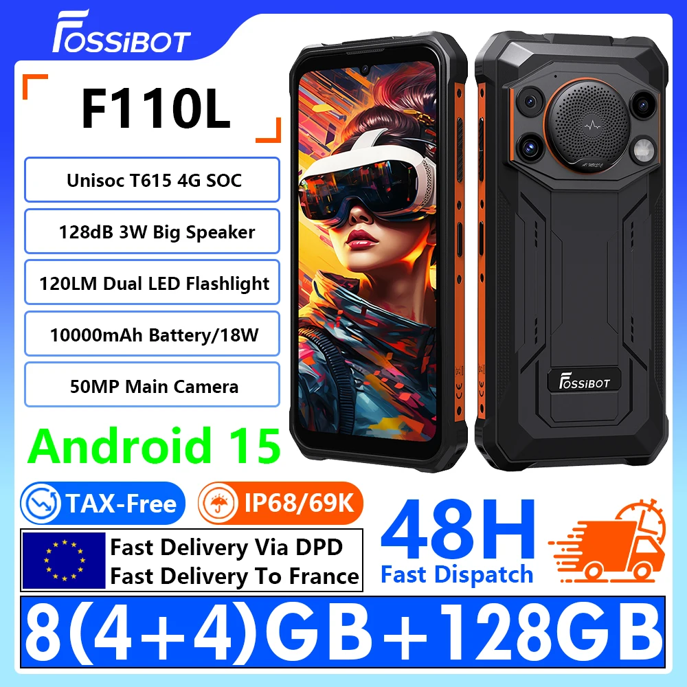 [Expédié depuis l'Europe] Téléphone robuste 4G FOSSiBOT F110L, haut-parleur 3W 128dB, lampe torche double LED 120 lumens, écran 6,75 pouces, 8(4+4) Go de RAM + 128 Go de ROM, Unisoc T615 4G, appareil photo 50MP+8MP, batterie 10000 mAh, charge 18W, Android 15