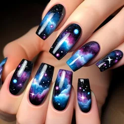 24 Pcs Fake Nails with Glue Long Press on Nails with Charms Colorful Dragon Gradient Nail Tips Cloudy Starry Sky Square Black