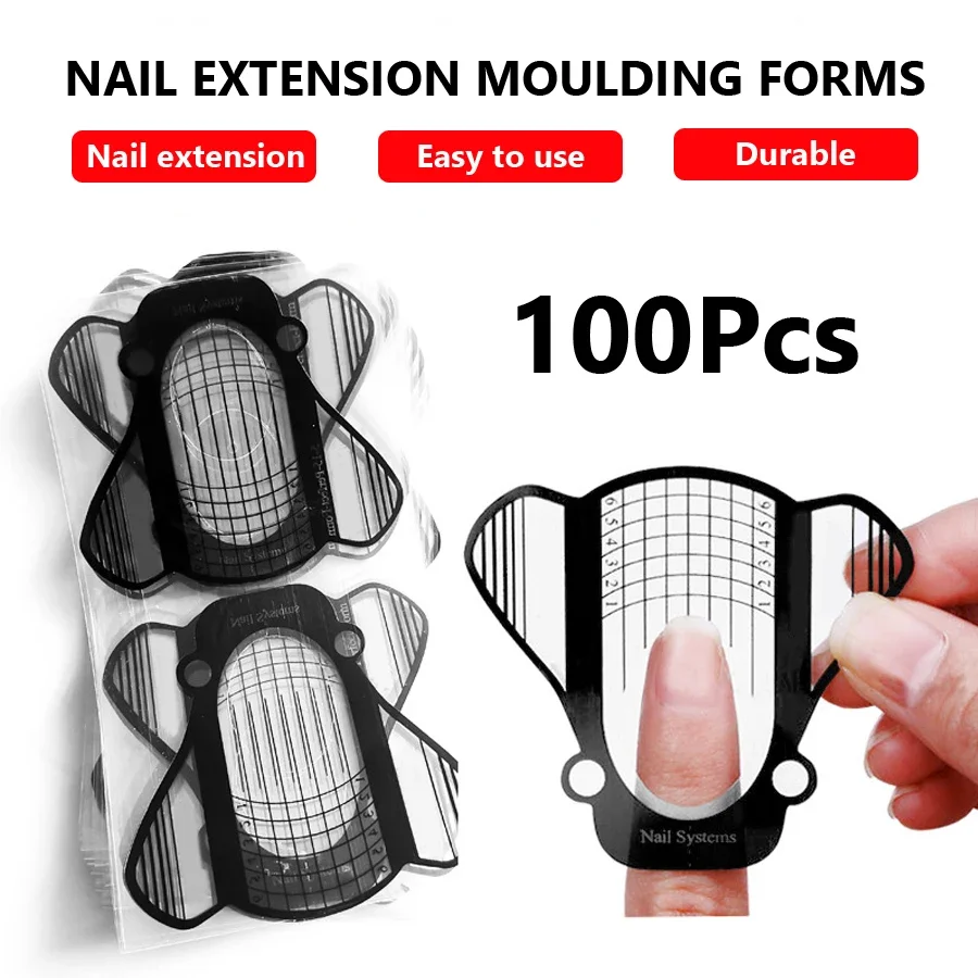 100 Pcs Nail Art Forms Transparent Black French Acrylic UV Gel Tips Extension Stickers Guide Stencil Manicure Tools for Nail Art