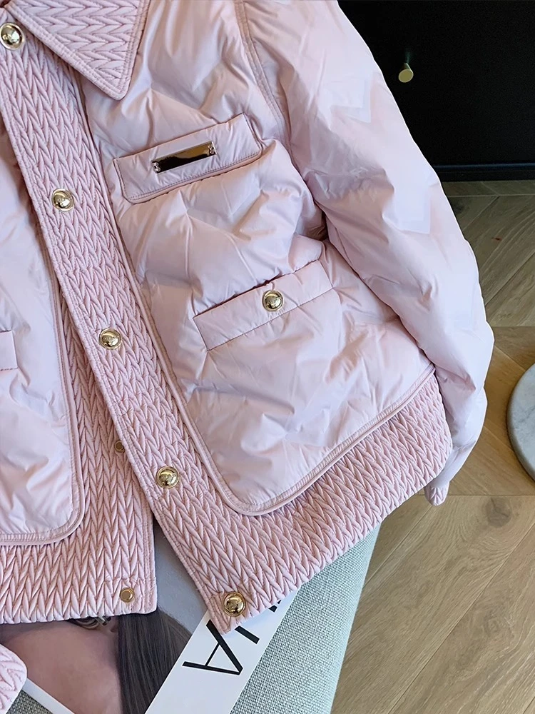 Fashion Pink Lapel Collar Women Cotton Padded Jacket Winter Thicken Warm Quilted Coat Female Single Breasted Outerwear