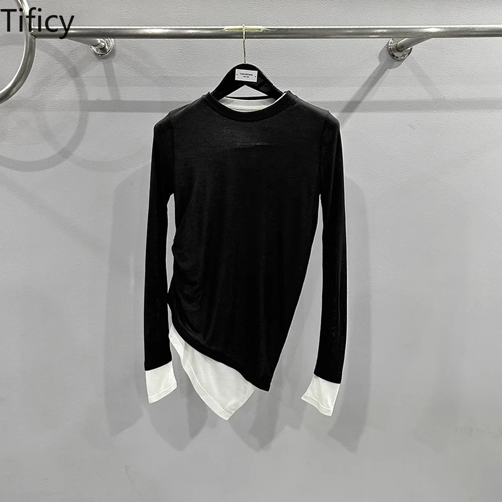 TIFICEY Women\'s Spring/Summer New Minimalist Design Black and White Fake Two-piece Long Sleeved T-shirt Knit Base Tops