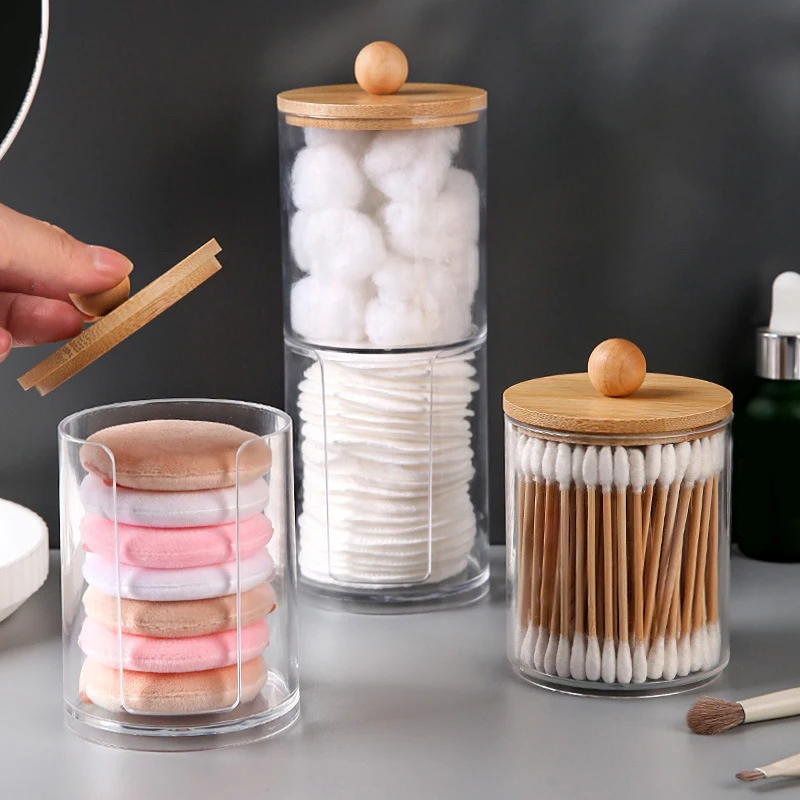 1 Pcs Cotton Swab Organizer Storage Bamboo Cover Acrylic Round Organizer Makeup Storage Box Container Organizadores