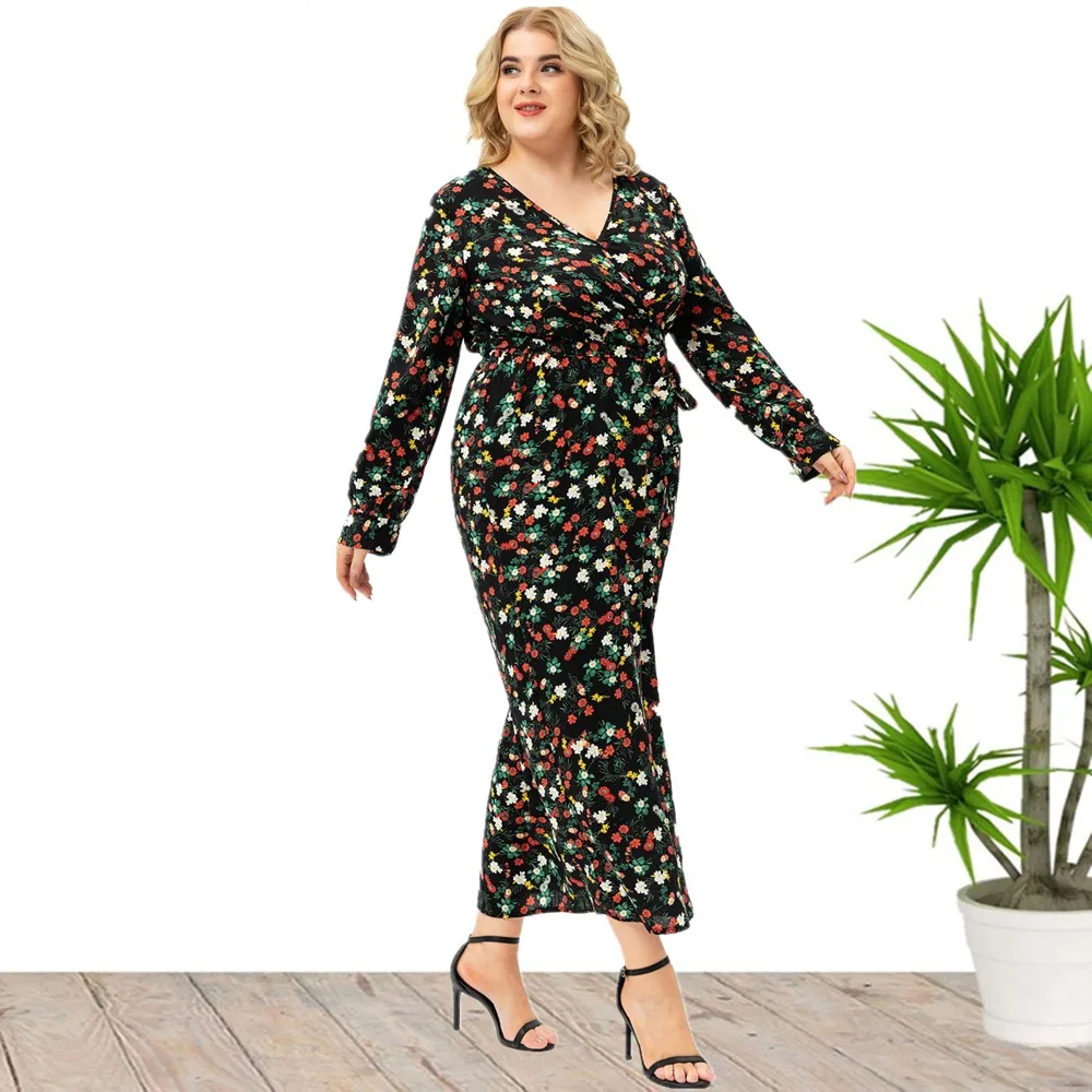 Plus Size New Arrival z dekoltem w szpic z długim rękawem w kwiatowy wzór jesienne sukienki z wiskozy dla dużych eleganckich kobiet