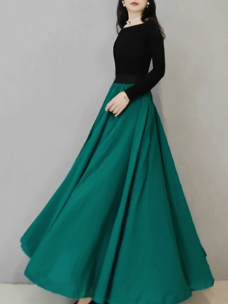 Oversized Swing Dance Green Long Skirt for Women Autumn and Winter New Elegant Chiffon Pendant Slim Ruched Maxi Skirts Ladies