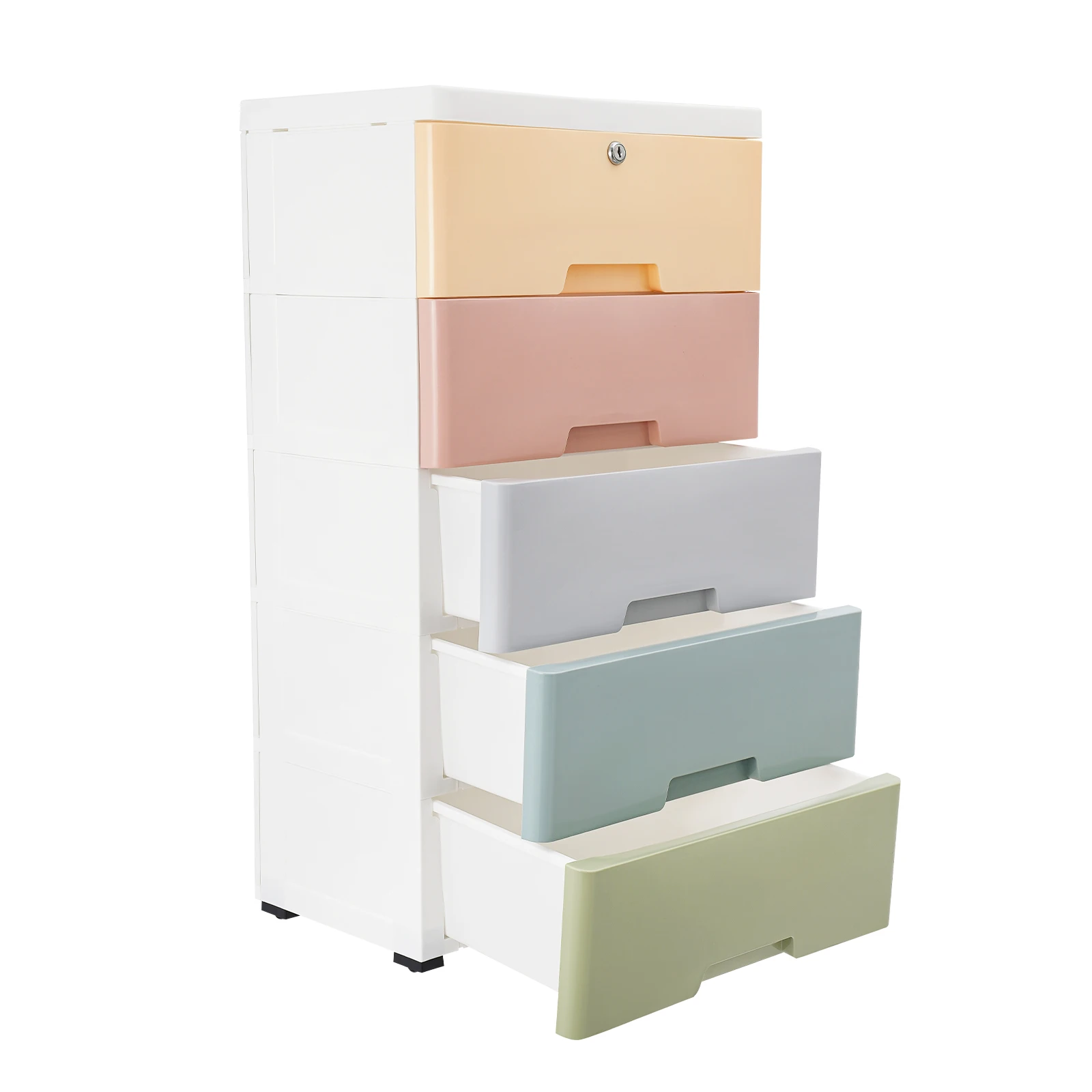 Plastic Drawers Dresser 5 Layer Storage Cabinet Macaron Color Lock Organizer Fully Pull Out Handle Large Capacity Bedroom Living Room Kids Room 43.5x29x80cm