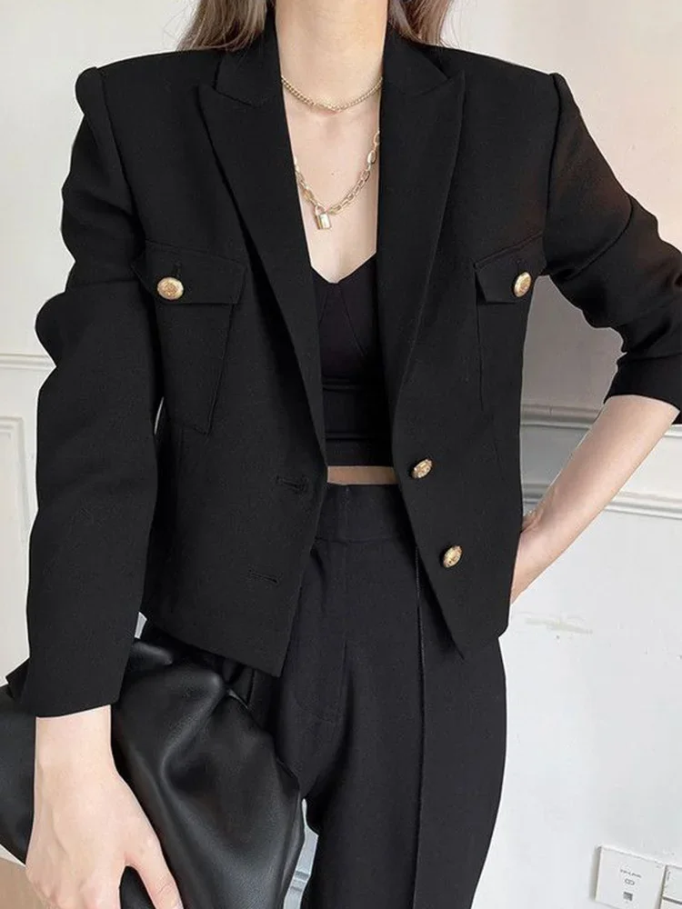 

Винтажный повседневный черный пиджак, пальто, женские модные тонкие элегантные короткие куртки с длинными рукавами, осенние корейские офисные женские куртки с двойными пуговицами