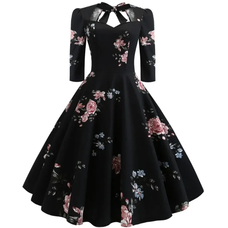 

2024 New Spring Women Elegant Party Dress Fashion Floral Print Back Tie Pin Up Dress Vintage A Line Cotton Swing Dresses Women's