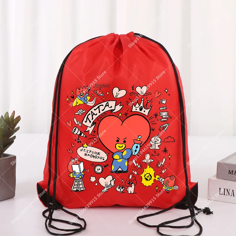 BT21 Drawstring Bag Sport Casual Gym Backpack Clothes Shoes Waterproof Packaging COOKY TATA Cute Anime Printed Storage Bag Gift - view 6