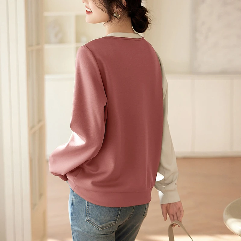 Color Blocked Patchwork Casual 2024 Spring New Women\'s Long Sleeved Simple Commuting Irregular Color Blocked Round Neck Tops