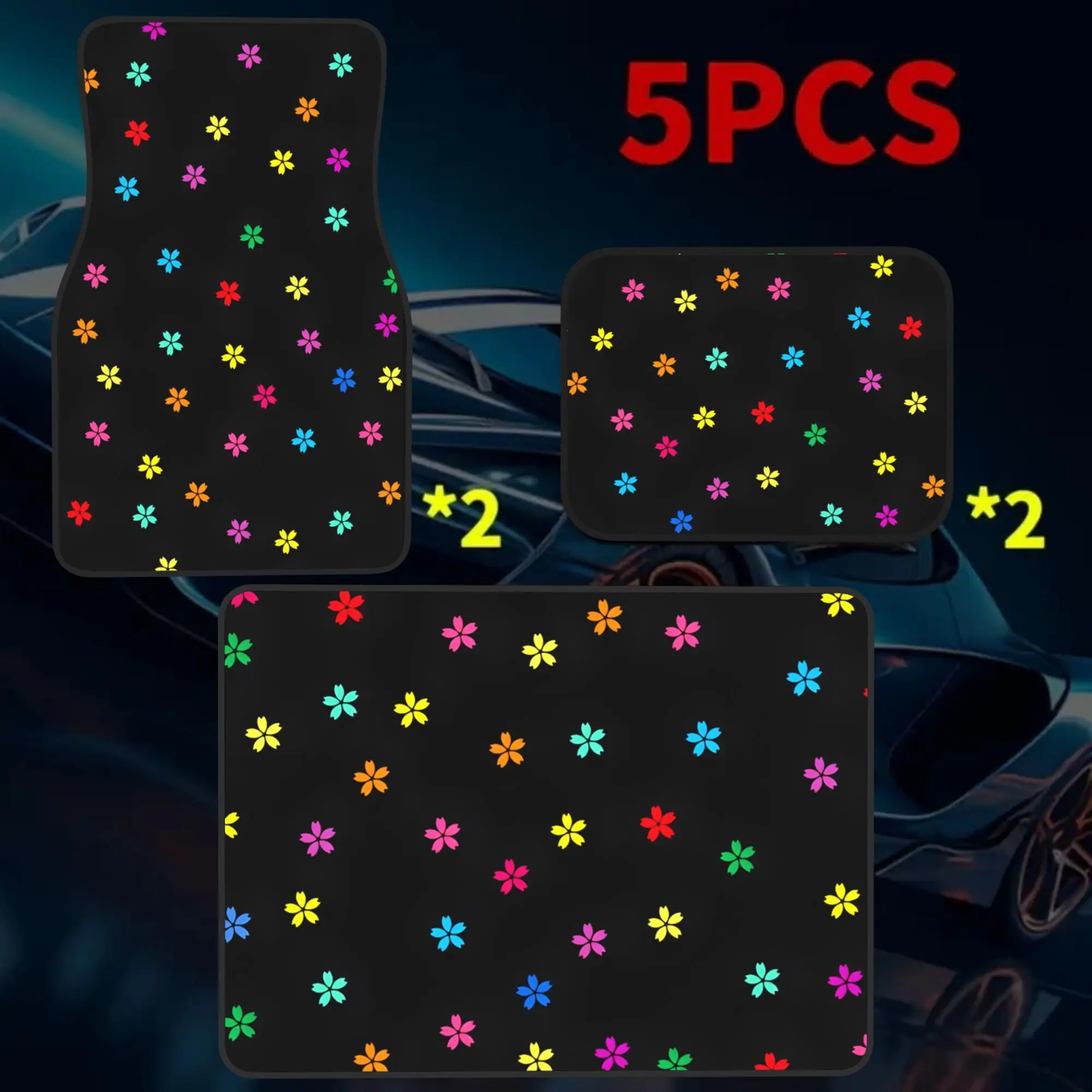 2D Plane 5pcs Cherry Blossom All Over Print Car Floor Mat | Trunk Liner -5pcs Set (including 4 Floor Mats And 1 Trunk Liner) Wit