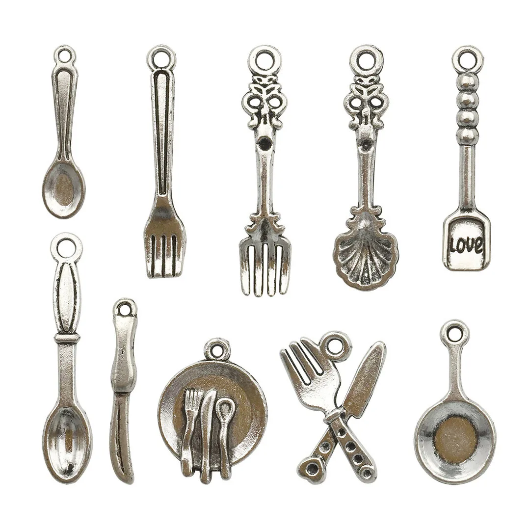10PCS Mini Tableware Charms Alloy Knives Forks Shovel Spoons Pans Pendants for DIY Jewelry Making Accessories
