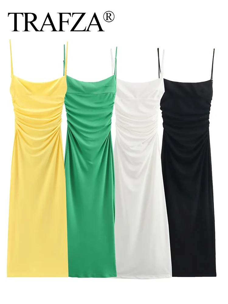 Trafza 2024 Frauen Sommer mode Urlaub solide rücken freie Falten kleid weiblich elegant Strand Stil knöchel langen Cami langes Kleid