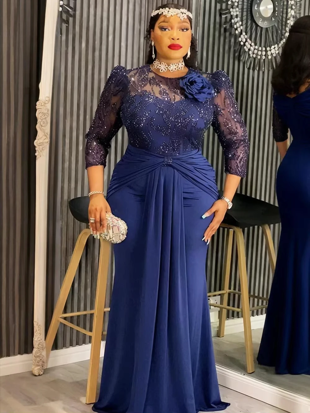 Elegante Frauen Luxus Party Kleider Pailletten Plissee Meerjungfrau Kleid Hochzeit Prom Geburtstag Abendessen Langes Kleid Damen Afrika Kleidung