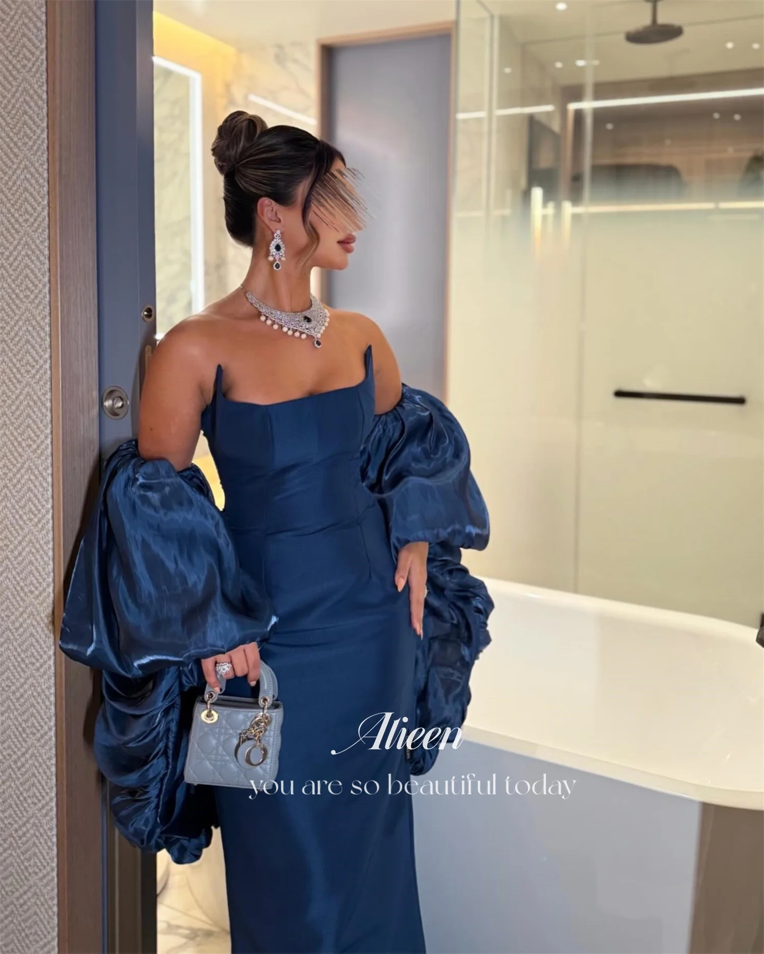 Aileen Satin Elegante Partykleider 2025, Плае Naderso Porno, maßgeschneiderte Brautkleider für Partys, Puffärmel, Roben von Soirée, Blau – Detail 9